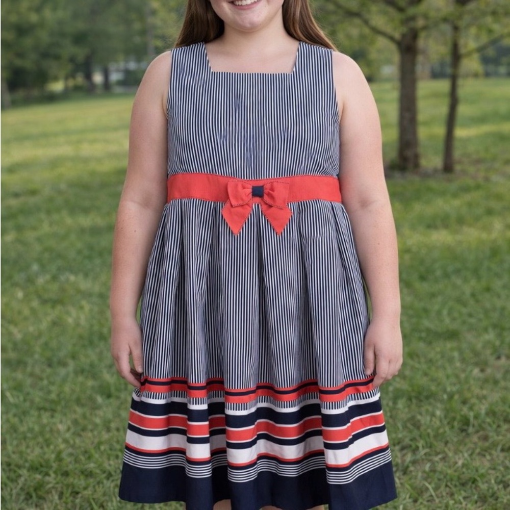 Bonnie Jean Black White & Red Striped Sleeveless Dress with Waist Bow